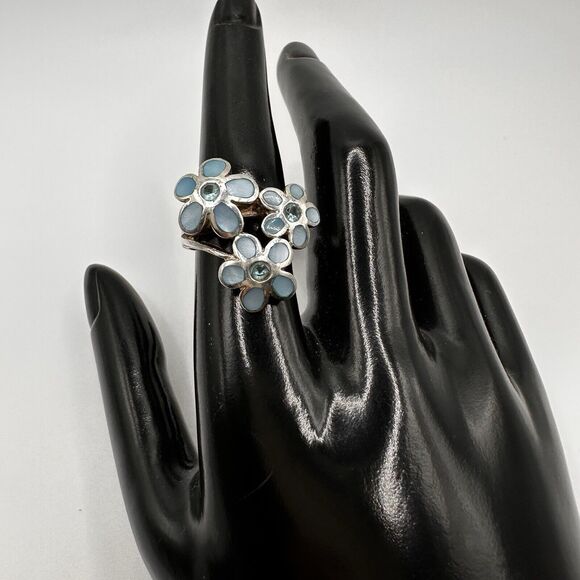 Château d’Argent Sterling Blue Mother of Pearl Triple Daisy Flower Ring sz 7.75 - Picture 4 of 13